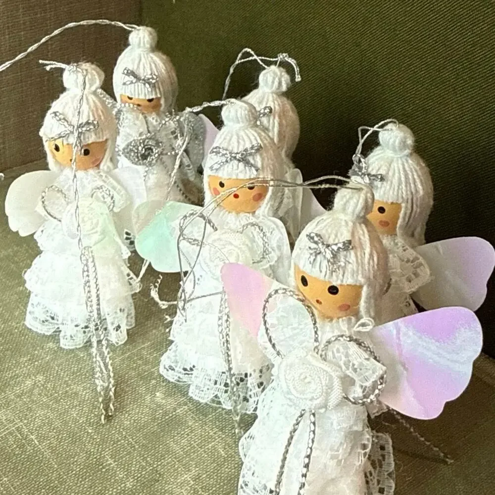 Vintage Angel Ornaments • Set of 6 • Iridescent Wings • 2.75”